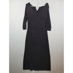 Vtg Esse Black Polka Dot LS V Neck Nylon Stretch Maxi Dress Women's Medium